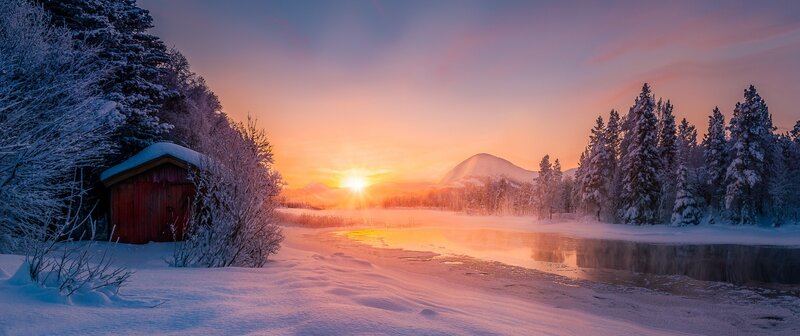 Red Cabin in Snow — Orange, Serene