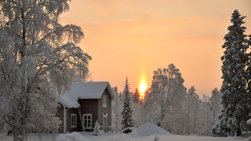 Red Cabin in Snow — Orange