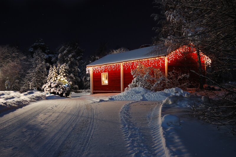 Red Cabin in Snow — Serene, Night, Photograph, Lights