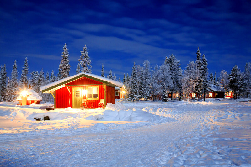 Red Cabin in Snow — Serene, Night, Photograph, Trees