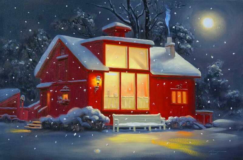 Red Cabin in Snow — Serene, Night