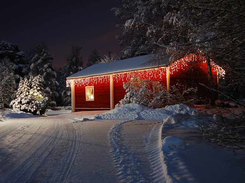 Red Cabin in Snow — Serene