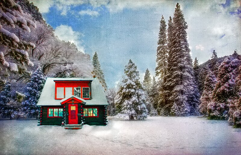 Red Cabin in Snow — Serene, Winter, Digital Art