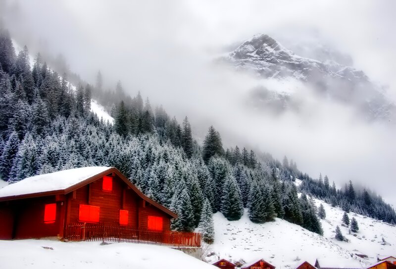 Red Cabin in Snow — Serene, Winter, Photograph, Mountain