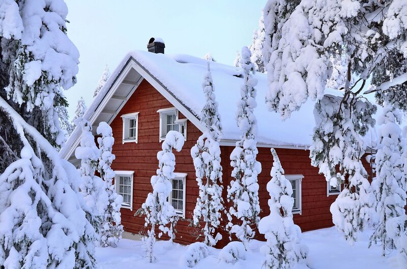 Red Cabin in Snow — Serene, Winter, Photograph, Snow-covered Trees