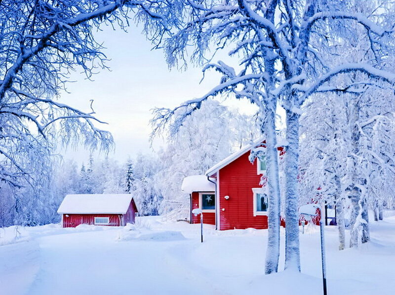 Red Cabin in Snow — Serene, Winter, Photograph, Trees, Barn