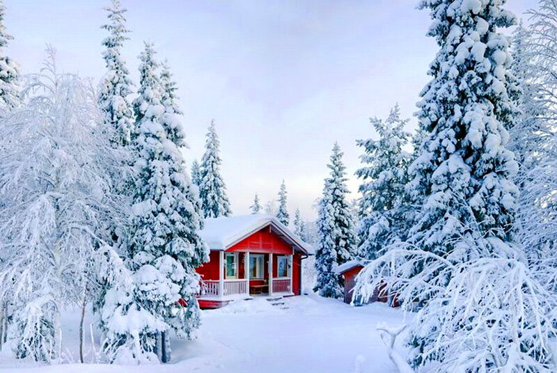 Red Cabin in Snow — Serene, Winter, Photograph, Trees