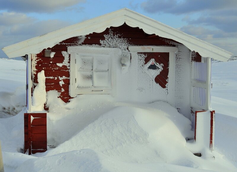 Red Cabin in Snow — White, Cold