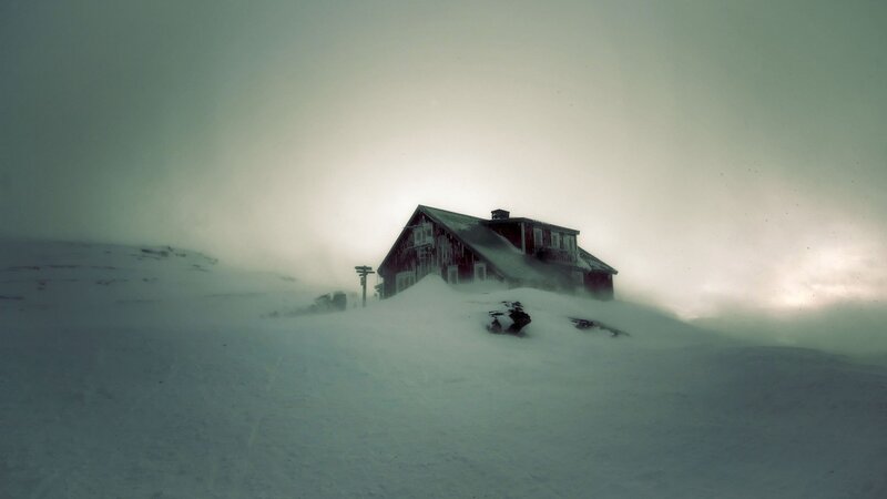 Red Cabin in Snow — White, Dreary
