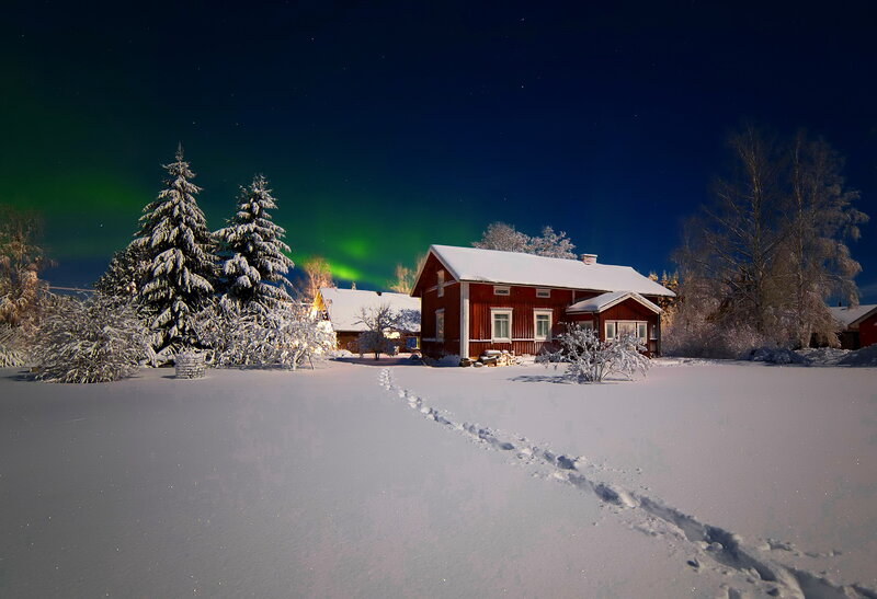 Red Cabin in Snow — White, Serene, Night