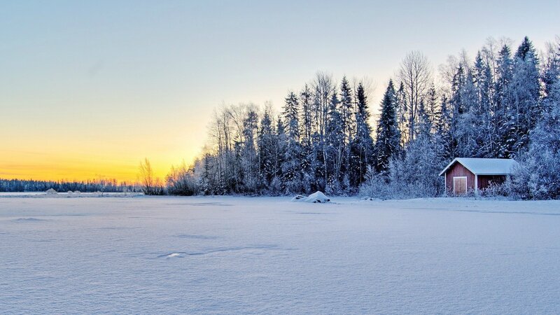 Red Cabin in Snow — White, Serene, Sunset, Photograph, Trees