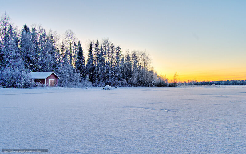 Red Cabin in Snow — White, Serene, Sunset
