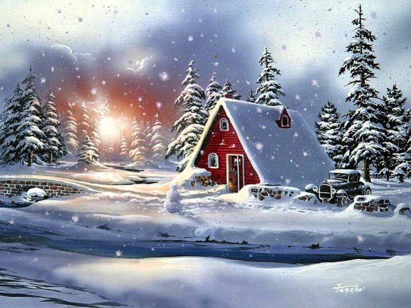 Red Cabin in Snow — White, Serene, Winter, Painting, Snowy Trees