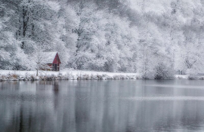 Red Cabin in Snow — White, Serene, Winter, Photograph, Lake