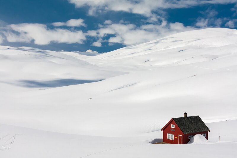 Red Cabin in Snow — White, Serene, Winter, Photograph, Mountains, Sky
