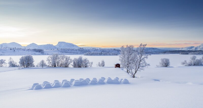 Red Cabin in Snow — White, Serene, Winter, Photograph, Snow-covered Trees, Mountains