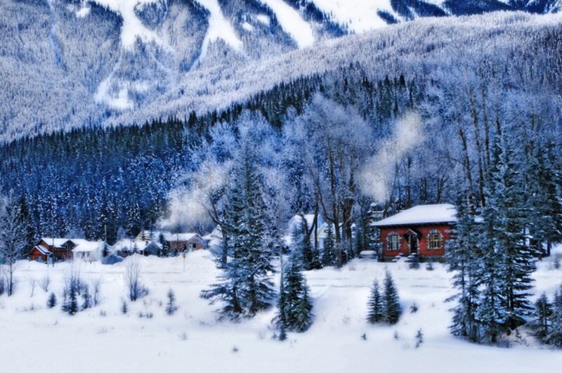 Red Cabin in Snow — White, Serene, Winter, Photograph, Snow-covered Trees
