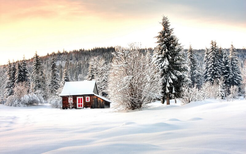 Red Cabin in Snow — White, Serene, Winter, Photograph
