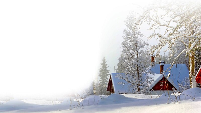 Red Cabin in Snow — White, Serene, Winter, Photograph, Trees, Chimney, Forest