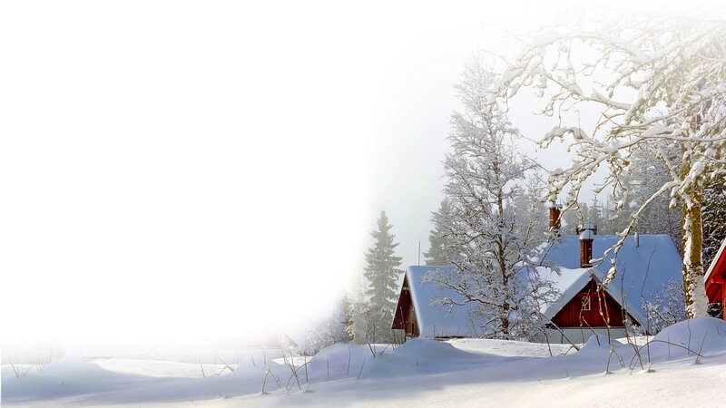 Red Cabin in Snow — White, Serene, Winter, Photograph, Trees, Chimney