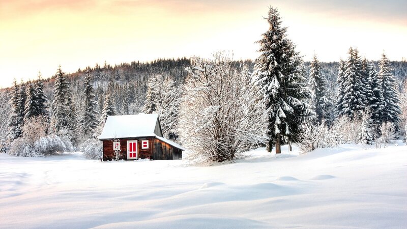 Red Cabin in Snow — White, Serene, Winter, Photograph, Trees, Forest, Brown, Green