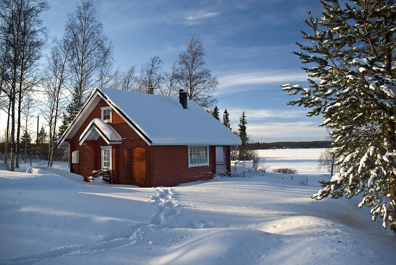 Red Cabin in Snow — White, Serene, Winter, Photograph, Trees, Lake