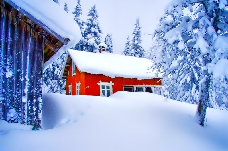 Red Cabin in Snow — White, Serene, Winter, Photograph, Trees, Wooden Structure