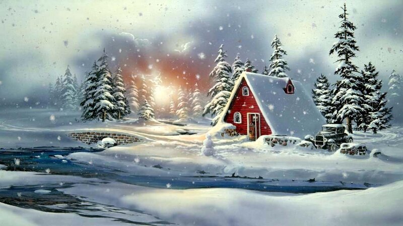 Red Cabin in Snow — White