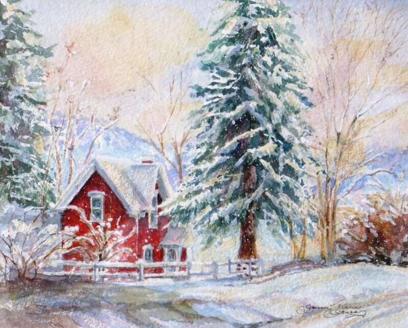 Red Cabin in Snowy Landscape