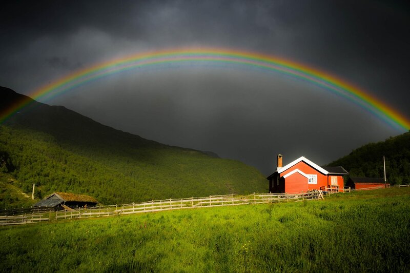 Red Cabin in Valley — Green, Dramatic
