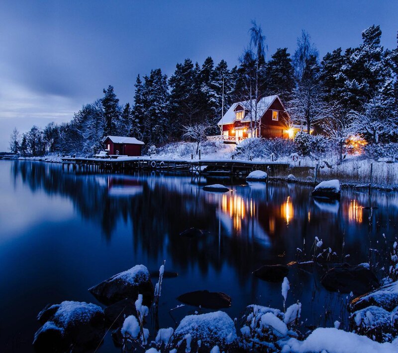 Red Cabin in Winter — Blue, Serene, Night, Photograph