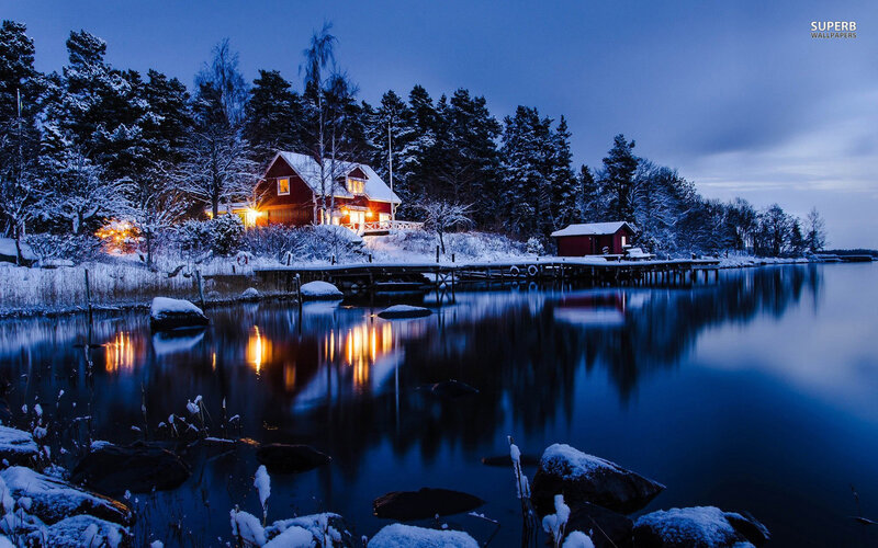 Red Cabin in Winter — Blue, Serene, Night
