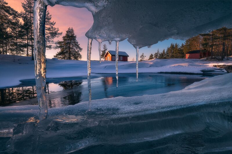 Red Cabin in Winter — Blue, Serene, Photograph, Icicles