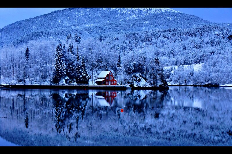 Red Cabin in Winter — Blue, Serene