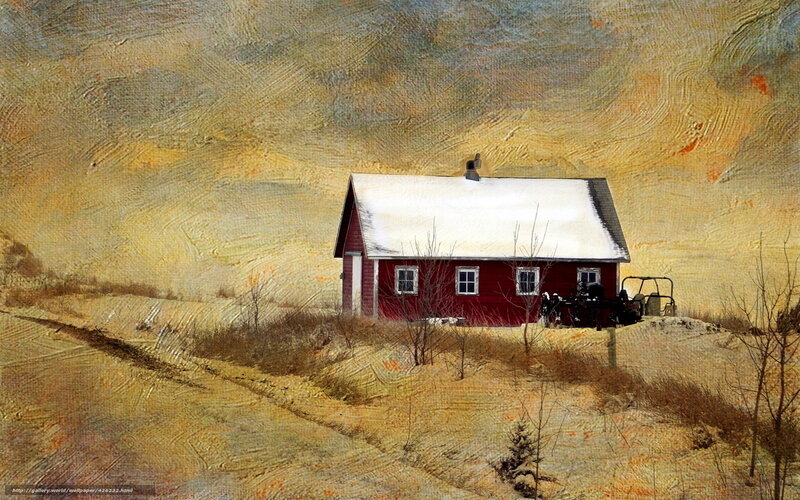Red Cabin in Winter Landscape