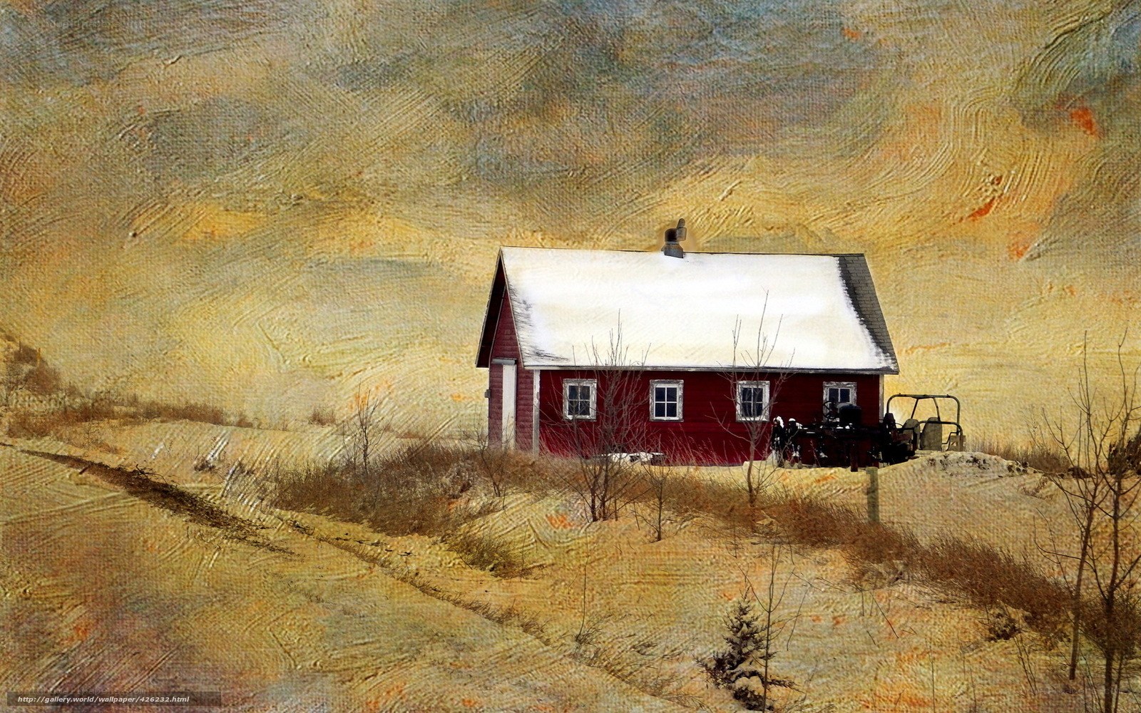 Red Cabin in Winter Landscape