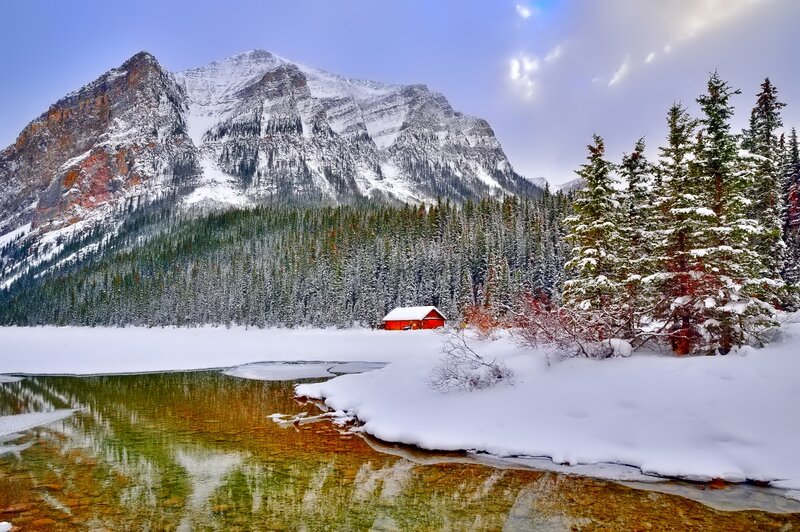 Red Cabin in Winter — White
