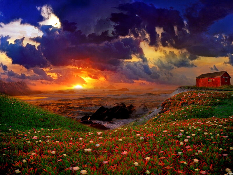 Red Cabin on Cliff — Green