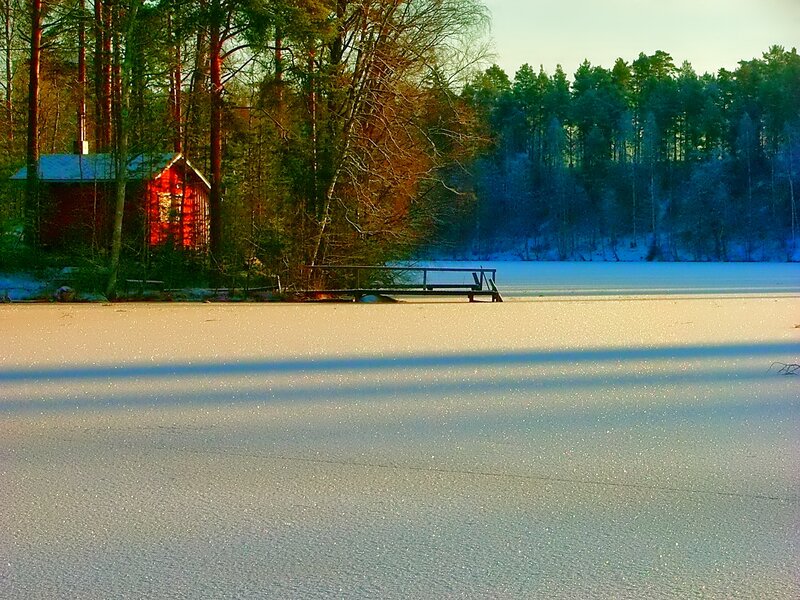 Red Cabin on Frozen Lake — White