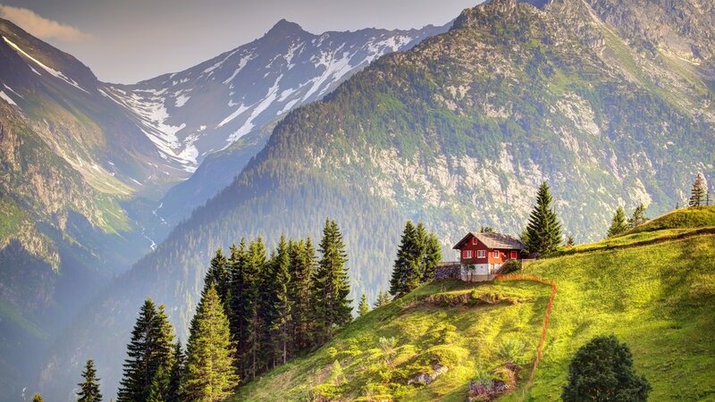 Red Cabin on Hillside — Green, Serene
