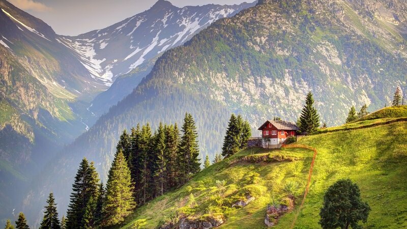 Red Cabin on Hillside — Green