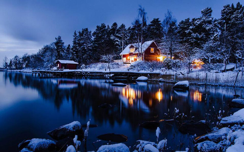 Red Cabin on Lake — Blue, Serene, Night, Photograph, Snow