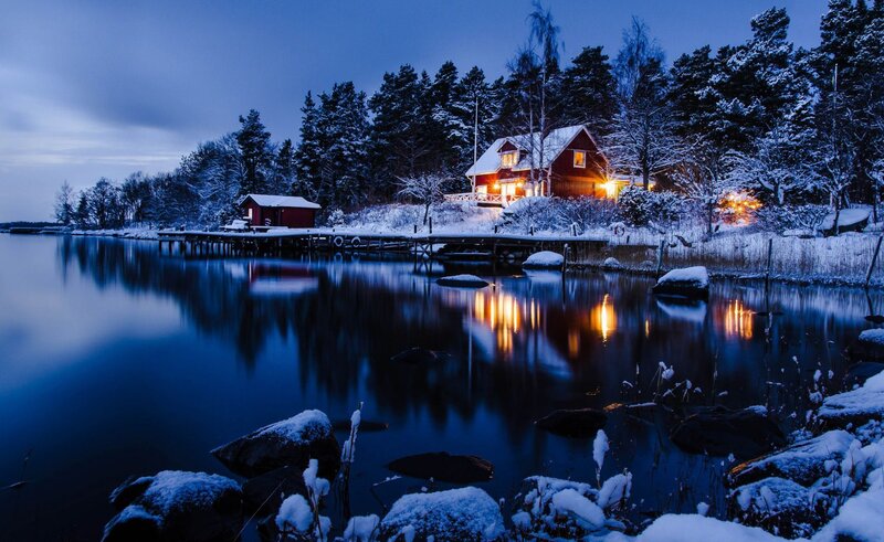 Red Cabin on Lake — Blue, Serene, Night