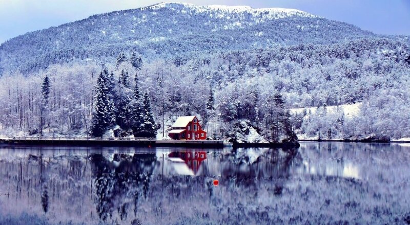 Red Cabin on Lake — Blue, Serene, Winter, Photograph, Mountain, Trees
