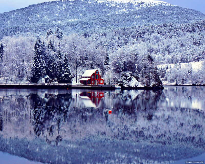 Red Cabin on Lake — Blue, Serene, Winter, Photograph, Snow-covered Trees, Mountain, Reflection