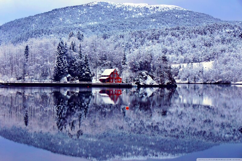 Red Cabin on Lake — Blue, Serene, Winter, Photograph, Snow-covered Trees
