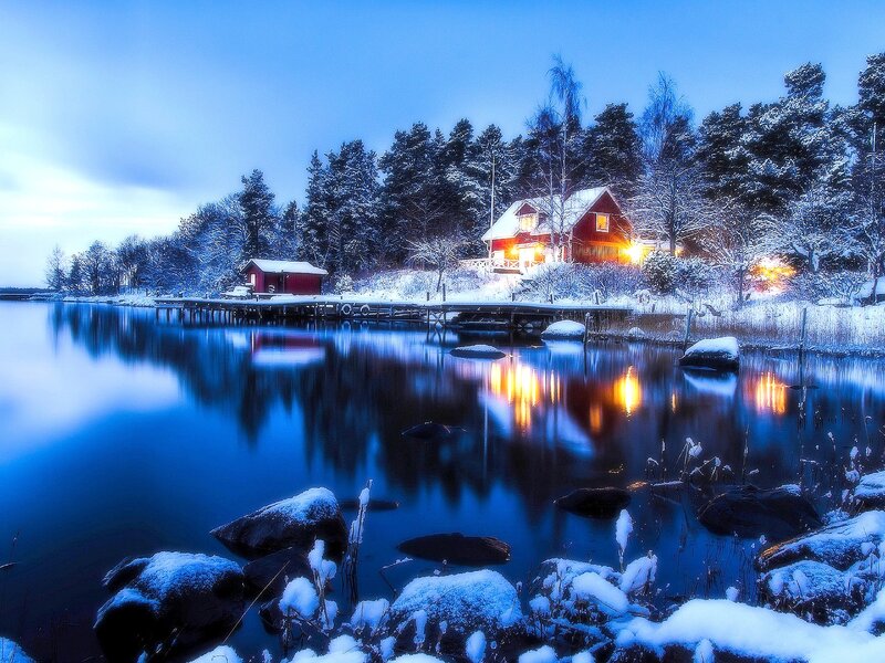 Red Cabin on Lake — Blue, Serene, Winter, Photograph, Snow
