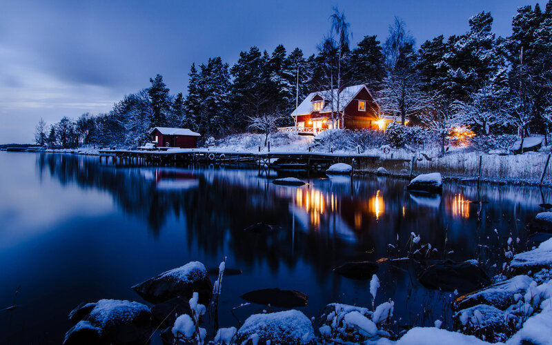 Red Cabin on Lake — Blue, Serene, Winter, Photograph, Snow, Trees