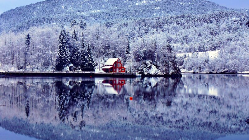 Red Cabin on Lake — Blue, Serene, Winter, Photograph, Trees, Mountain