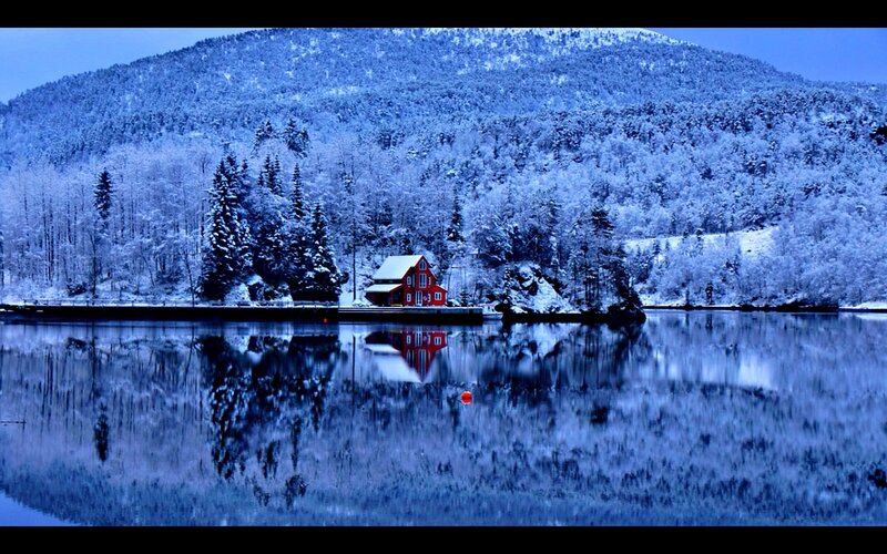 Red Cabin on Lake — Blue, Serene, Winter